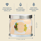 3-wick jar candle with label and dimensions on a beige background.