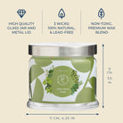 3-wick jar candle with green label and metal lid, featuring product details on a beige background.