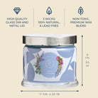 3-wick jar candle with features listed on a beige background.