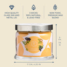 3-wick jar candle with label and dimensions on a beige background.
