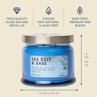 Blue candle jar with metal lid and 'Sea Salt & Sage' label, featuring product details on a beige background.