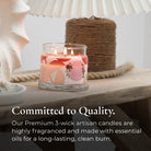 Glass candle with floral design on a wooden surface, surrounded by decorative elements.