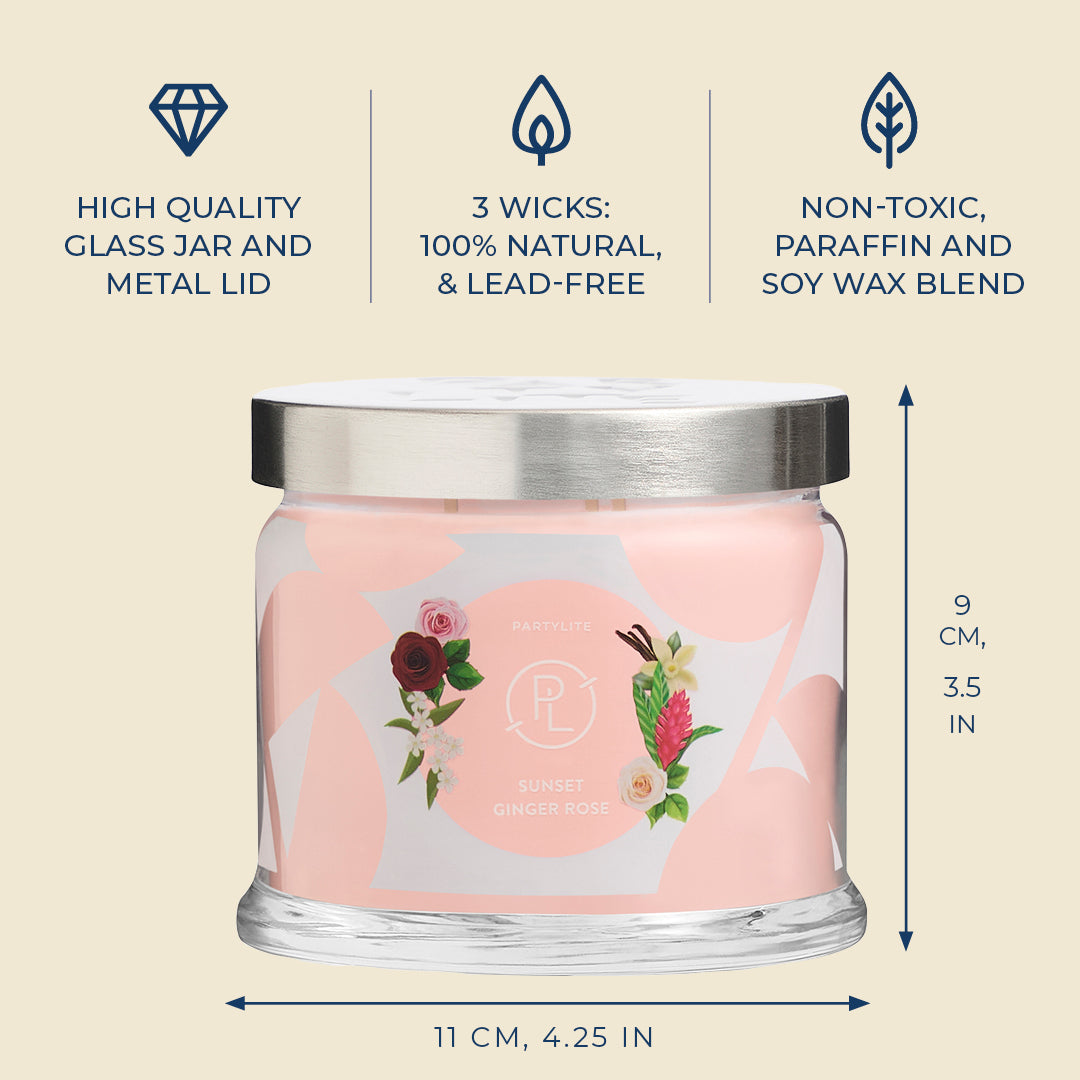 Candle jar with floral label for Sunset Ginger Rose and product features on a beige background