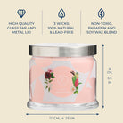 Candle jar with floral label for Sunset Ginger Rose and product features on a beige background