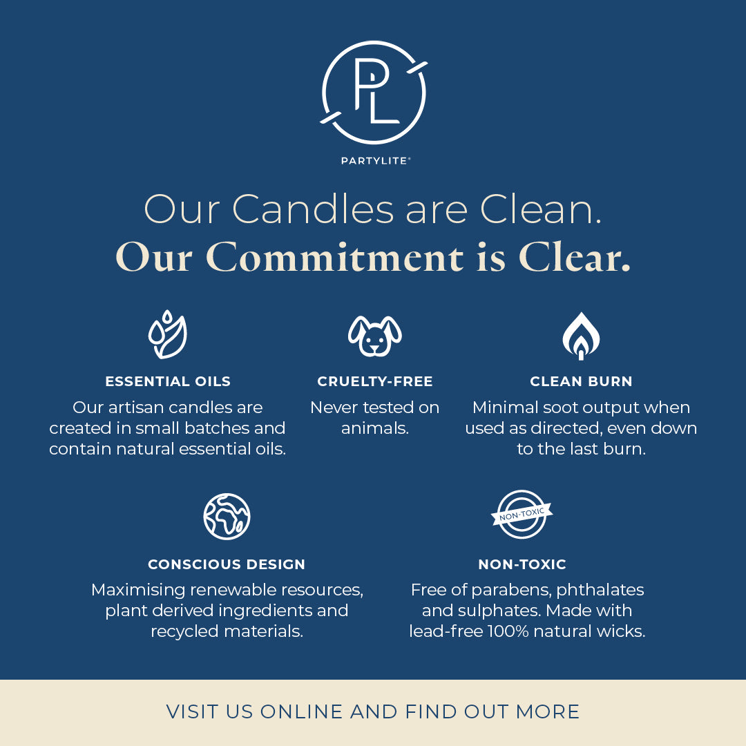 Partylite advertisement with commitment to clean candles on a blue background