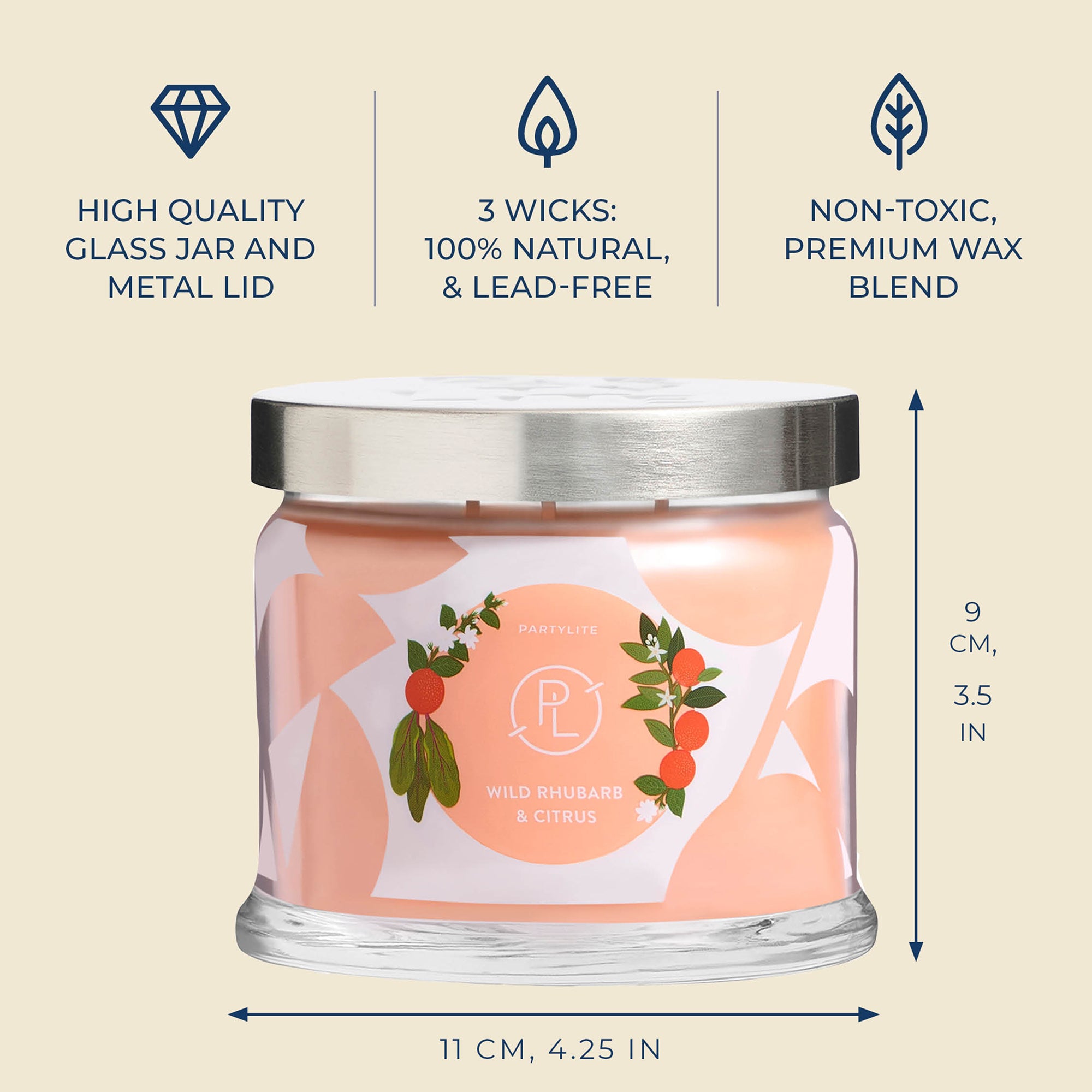 Candle jar with label and dimensions on a beige background