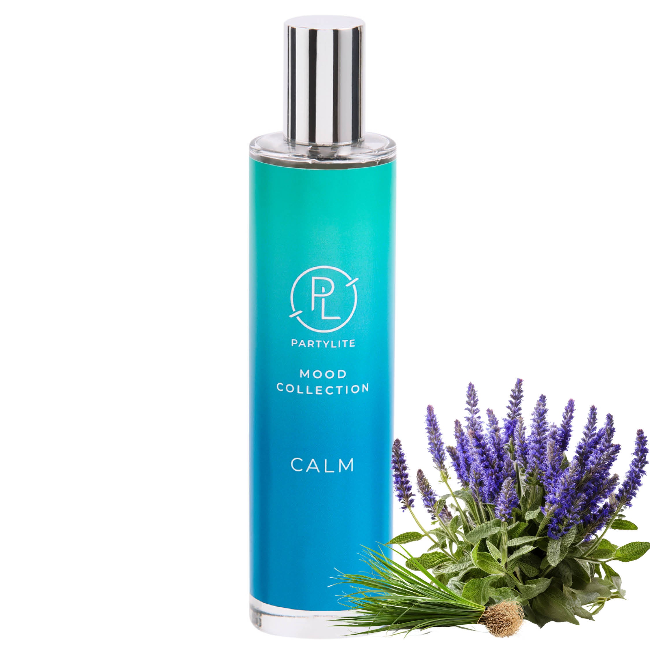 Blue room spray bottle labelled 'Calm' from Partylite with lavender flowers on a white background.
