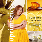 Collage of a woman in a yellow dress, amber stone, lemons, and flowers with text 'Optimistic' and 'Sunshine Serenade'.
