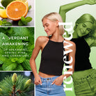 Collage of a woman, greenery, and text on a green background