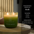 Green candle labelled 'Renewed' with fragrance profile details on a wooden surface.