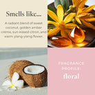 Fragrance description with coconut, flowers, and oil droplets on a textured surface.