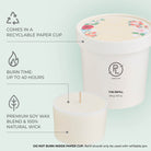 Candle packaging with refillable design, featuring a paper cup and candle container, showing the wax bun times and advising of Soy Wax blend.