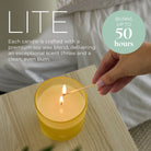 Yellow jar candle being lit with a match on a wooden surface, with text about the candle's features and burn times .