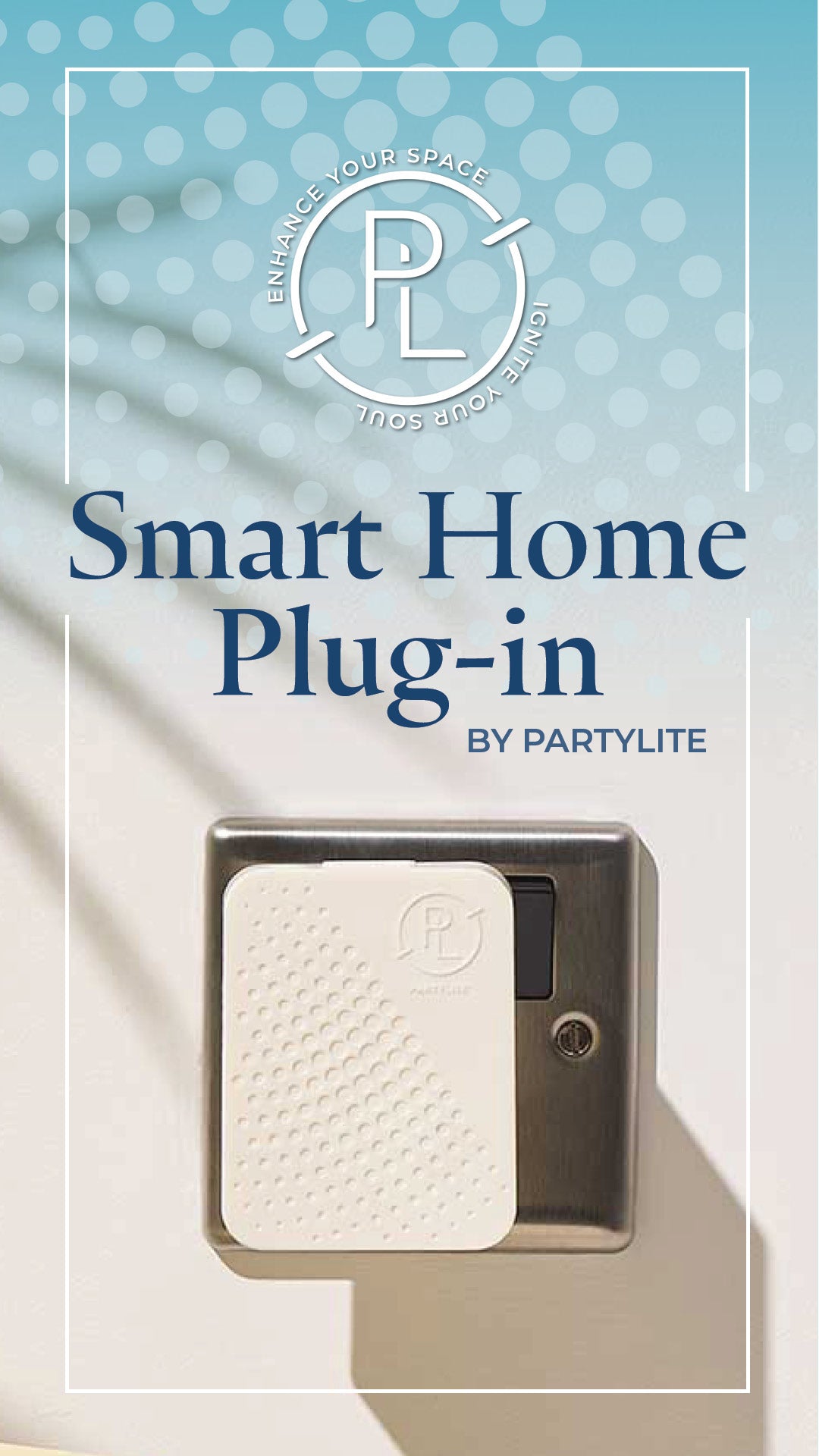 Smart home plug-in device by PartyLite on a light blue background