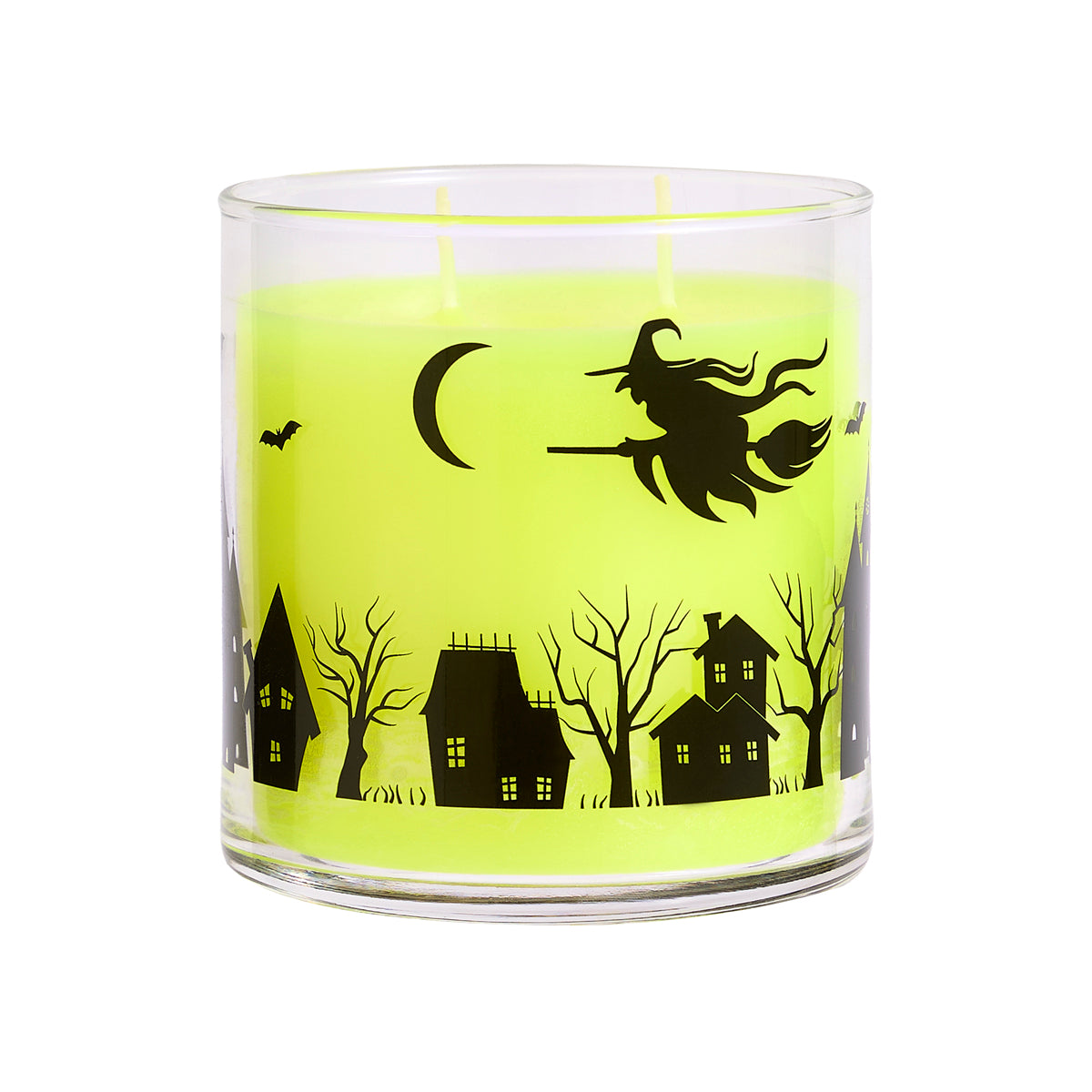 A scented jar candle with a 'Hocus Pocus' themed label featuring a silhouette of a witch and a house at night.