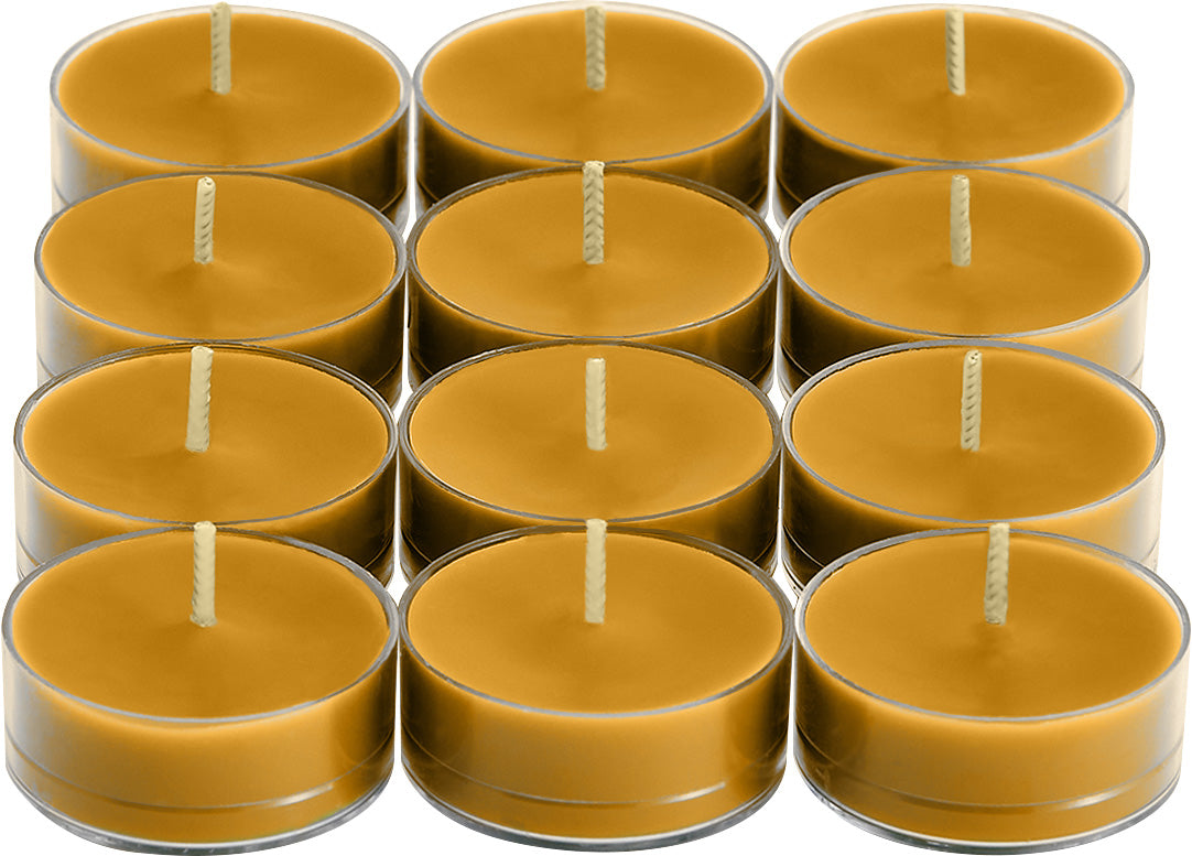 Twelve Pistachio Biscotti Tealights against a white background.