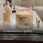Sun Kissed Linen 3-wick jar candle on a light surface, with text about quality and essential oils.