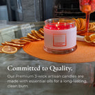 Clementine Garland 3-wick jar candle  on an orange coaster with dried oranges with text showing the "Committed to Quality".