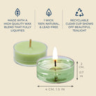 Green candles with wick, shown with product features on a beige background