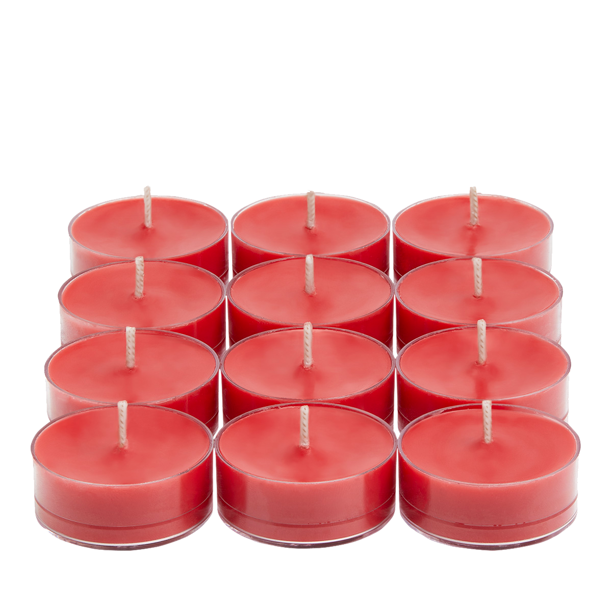 Twelve Juicy Red Apple Tealights on a grey and black chequered background
