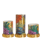 Garden Couture trio tealight holders with colorful floral designs.