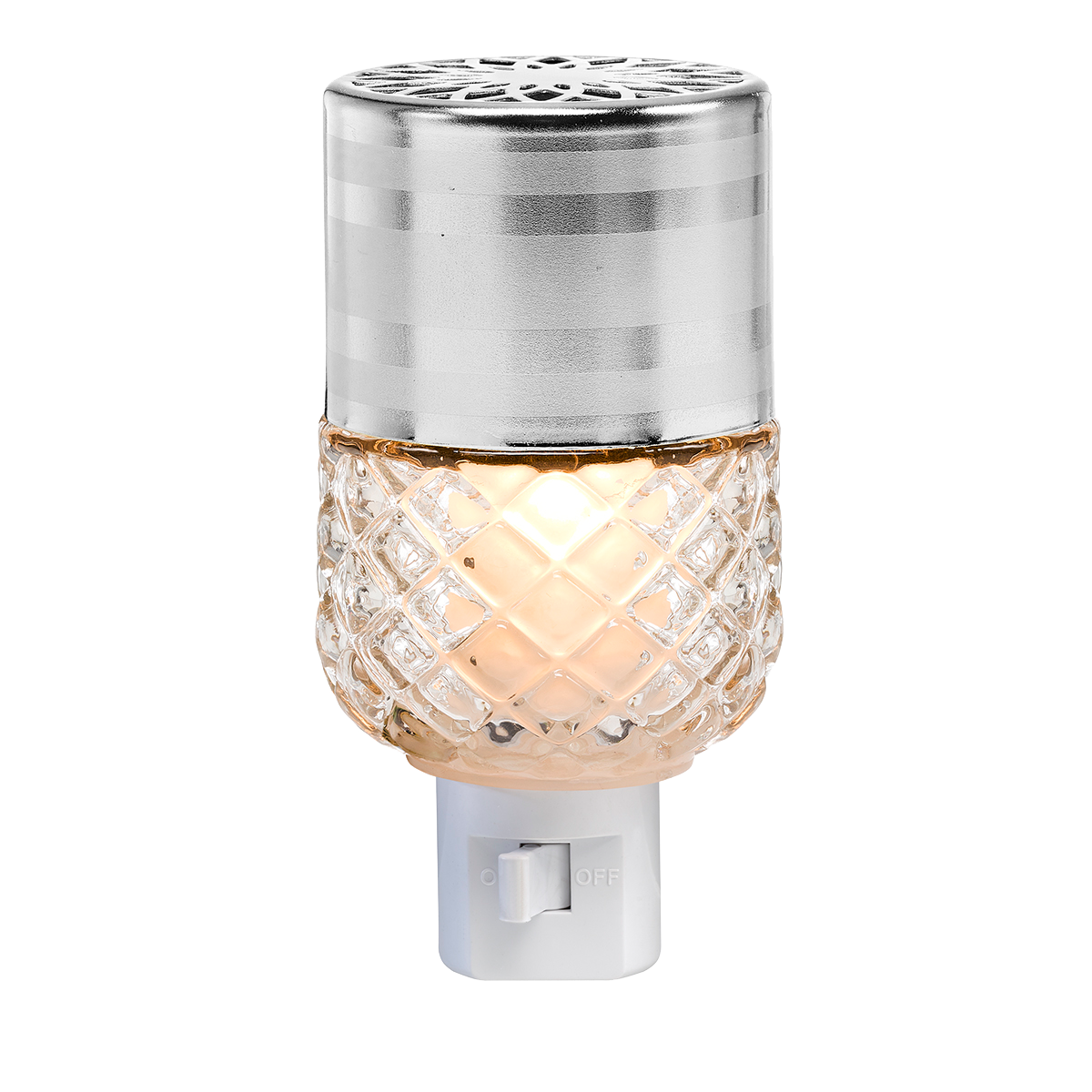 Petite Silver SmartBlends Plug in warmer, against a chequered background.