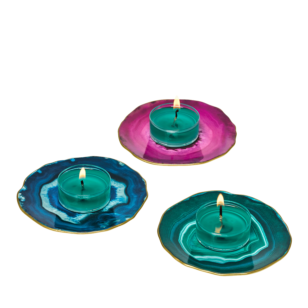 Faux Agate Tealight Holder Trio in blue, green and pink colors shown with lit tealighrts.