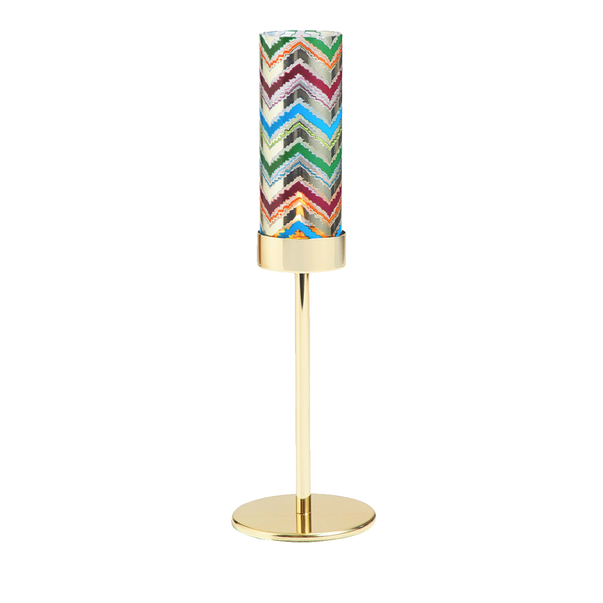 one of Tribal Chic Raised Tealight Holder Trio colorful pattern cup on a gold stand.