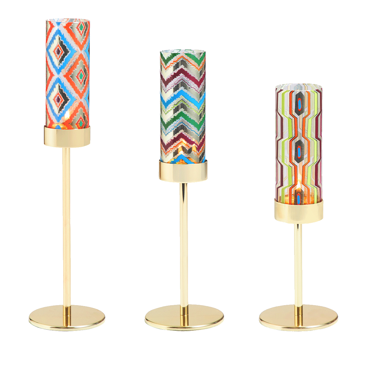 Tribal Chic Raised Tealight Holder Trio in colorful patterns on gold stands.