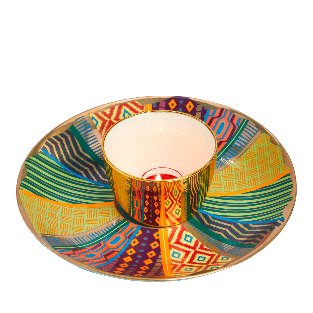 Tribal Chic Reflections Large Tealight Holder colorful pattern saucer with a holder in the middle.