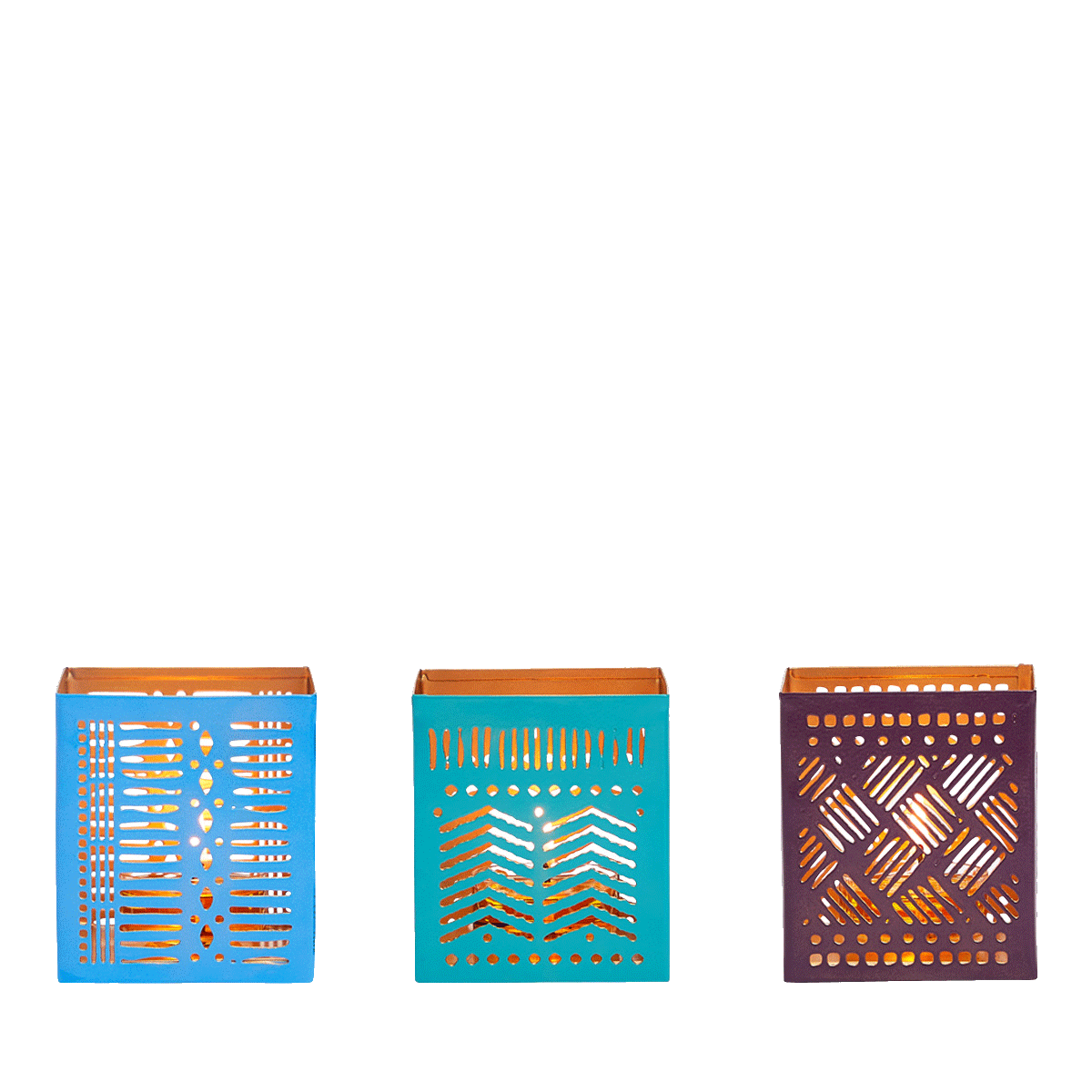 Tribal Chic Metal Tealight Candle Holder Trio in bright colors.