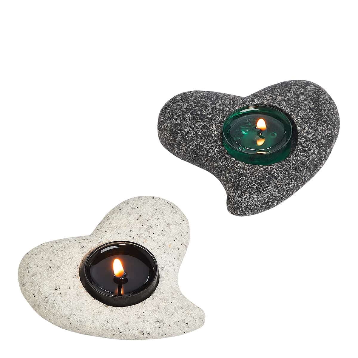 Friendship Hearts Tealight Holders with lit tealights one in a stone color and the other in a grey color against a white background.