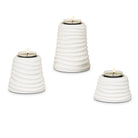 Sandwaves Elevated White Tealight Holder Trio with ribbed pattern against a white background.