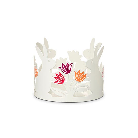 Hoppity white Jar Candle Holder with rabbits shapes and colorful  flower heads, against a white background.