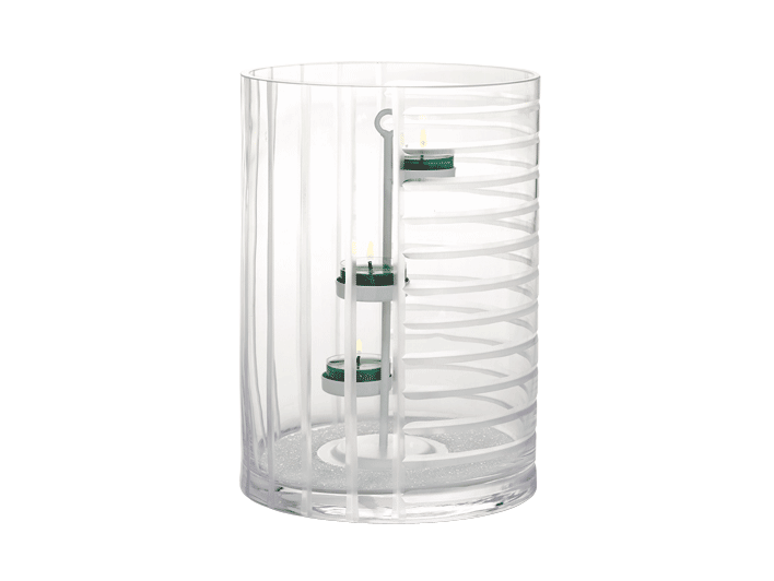 A clear glass hurricane candle holder with hand-cut horizontal and vertical lines.