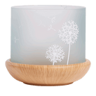 Springtime Blossoms Large Tealight Holder with a wooden base and a frosted glass insert with etched blossoms.
