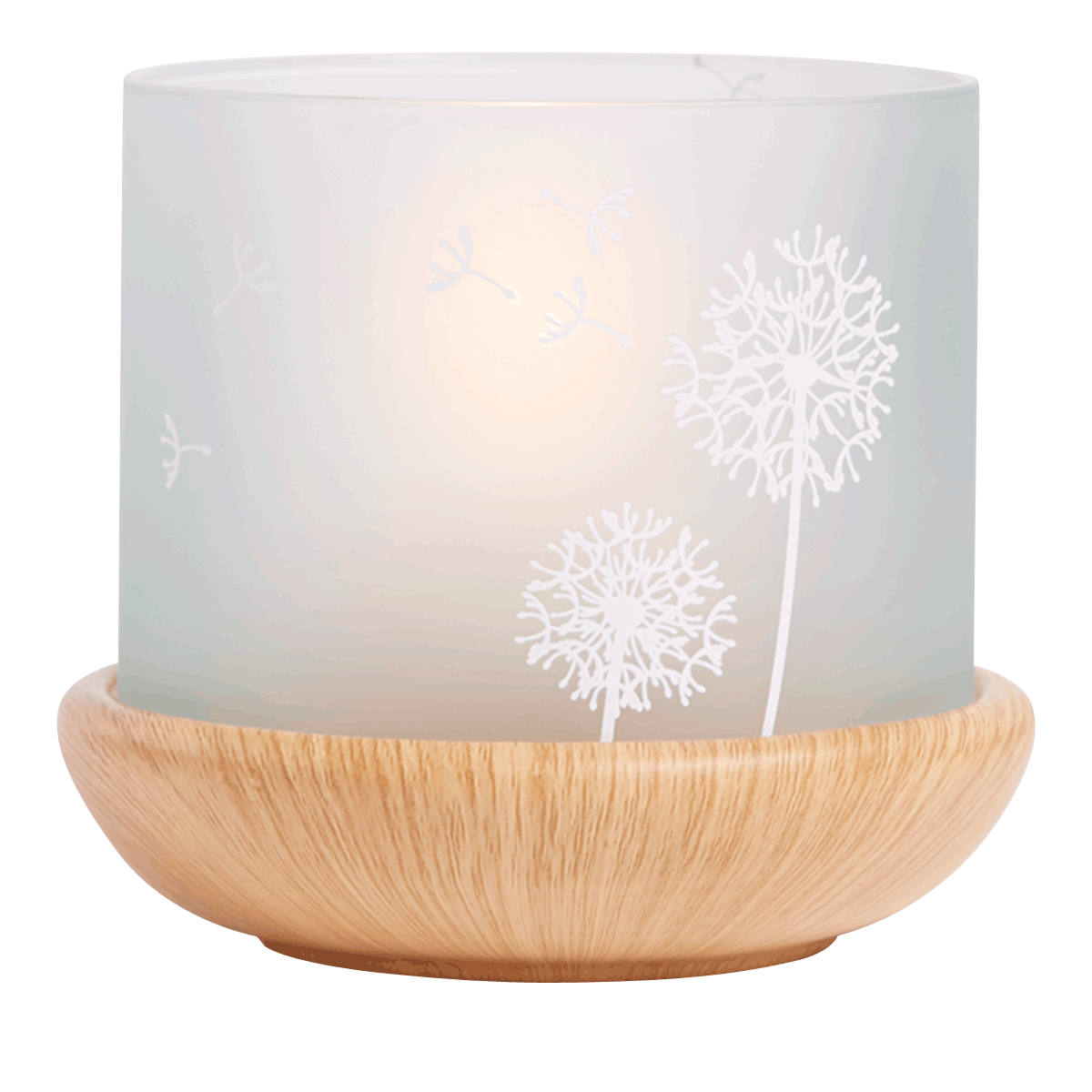 Springtime Blossoms Large Tealight Holder with a wooden base and a frosted glass insert with etched blossoms.