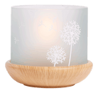 Springtime Blossoms Large Tealight Holder with a wooden base and a frosted glass insert with etched blossoms.
