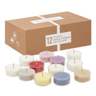 Tealight sampler packaging with various colored tealights against a white background.